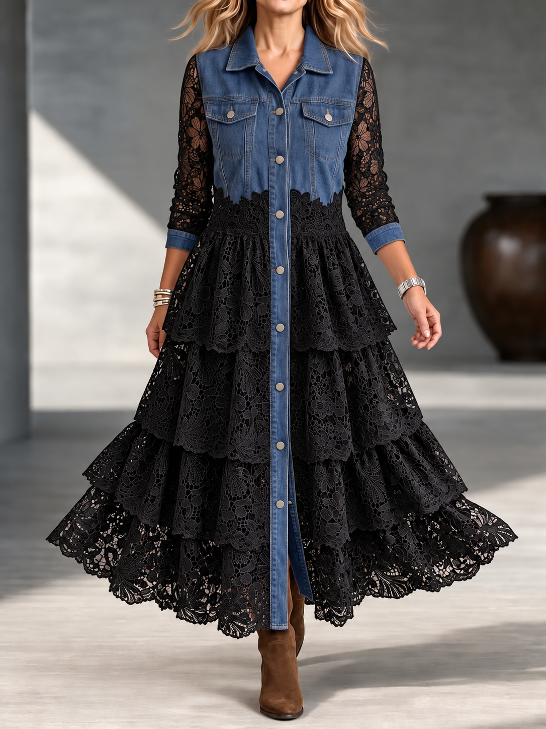 Women's Vintage Denim And Tiered Lace Maxi Dress - Button-down Western Boho Shirt Dress