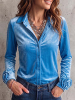 Women's Solid Color Collared Long-sleeved Casual Loose Velvet Shirt With 3d Floral Design