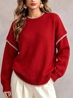 Contrast Stitching Crew Neck Drop‑shoulder Oversized Knit Sweater