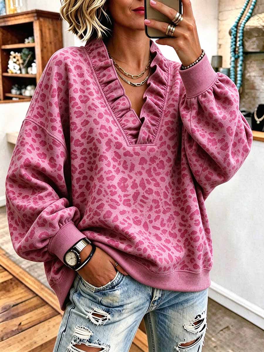 Women's Leopard Print V-Neck Long Sleeve Ruffle Trim Pullover Sweatshirt