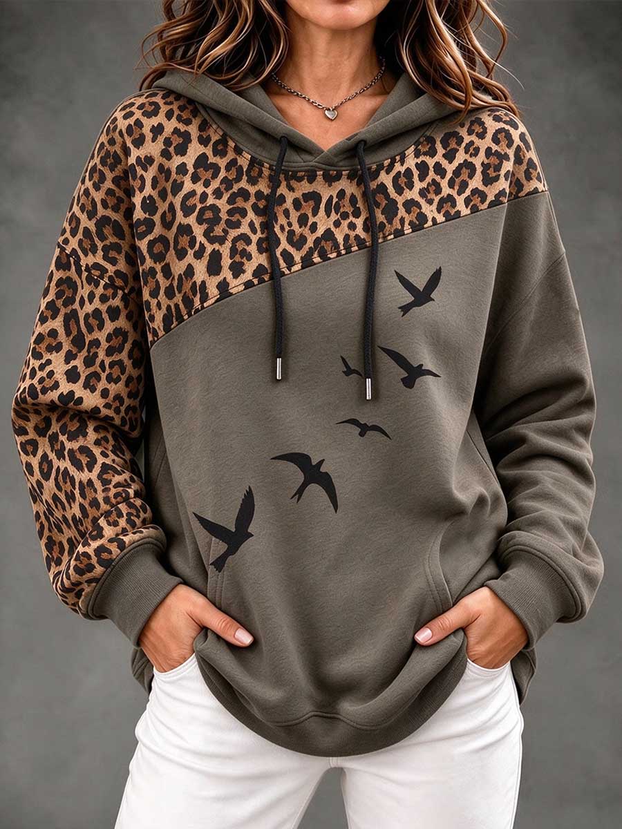 Women's Leopard Print Color Block Hoodie With Flying Birds Graphic