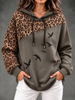 Women's Leopard Print Color Block Hoodie With Flying Birds Graphic