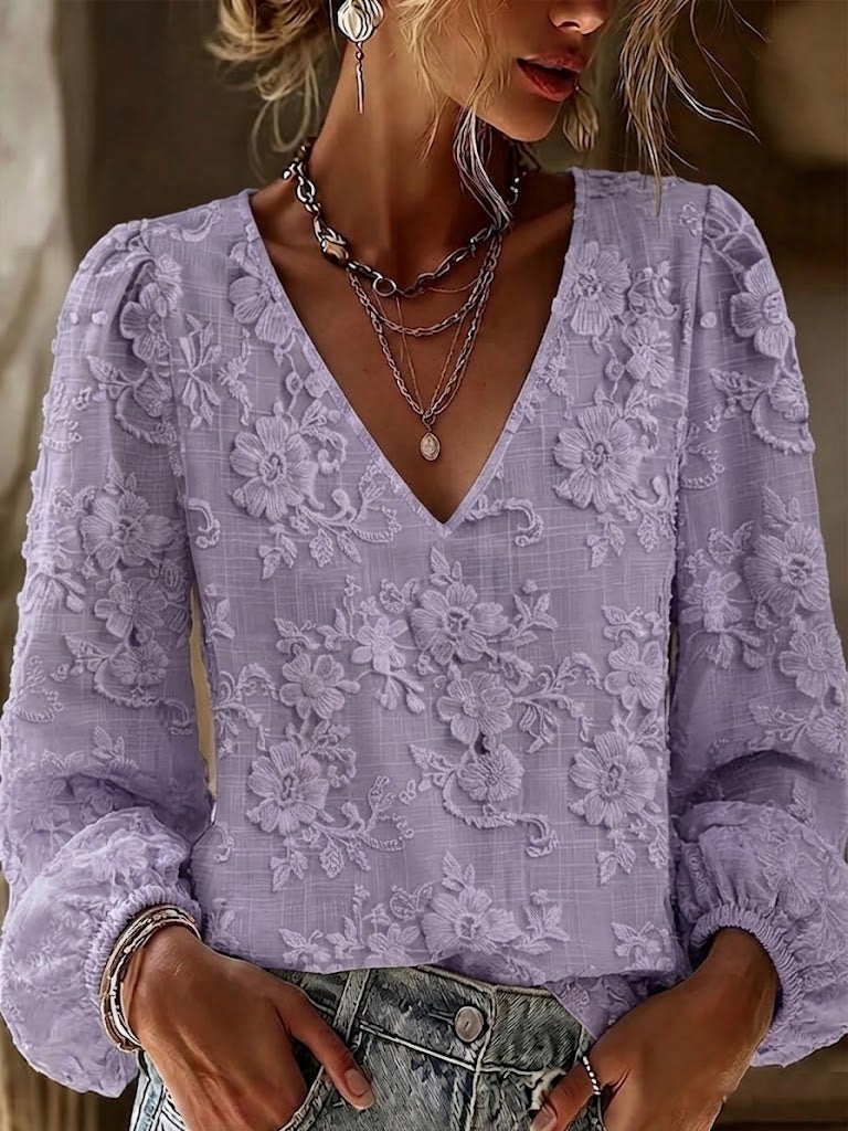 Casual, Loose-fitting V-neck Top With Lace, A Print, And Puff Sleeves