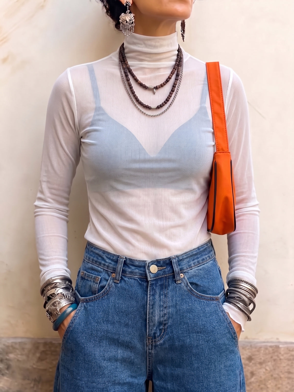 Ŝika Sheer Mock-Neck Mesh Top