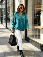 Cozy Chic Teal Ruffled V-neck Sweater