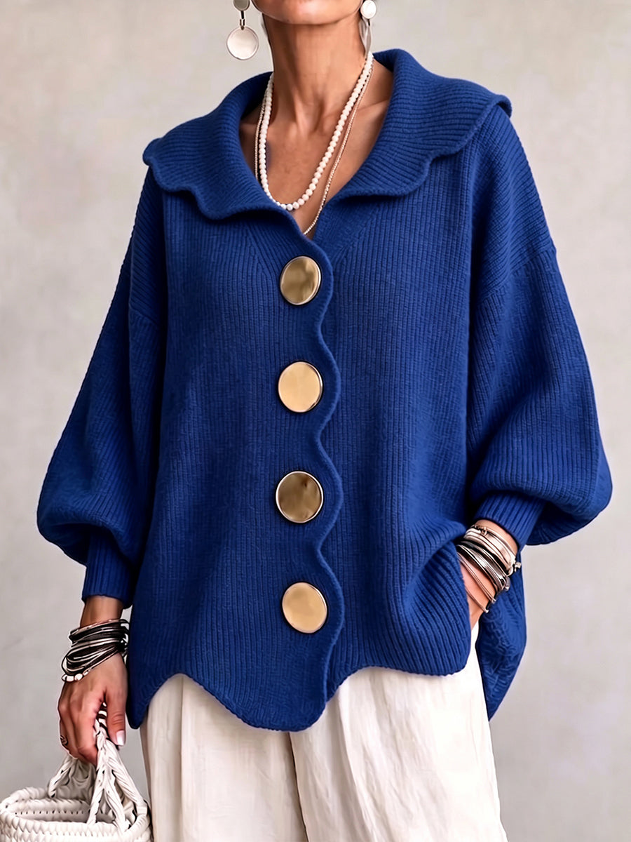 Relaxed Royal Blue Scalloped Knit Cardigan