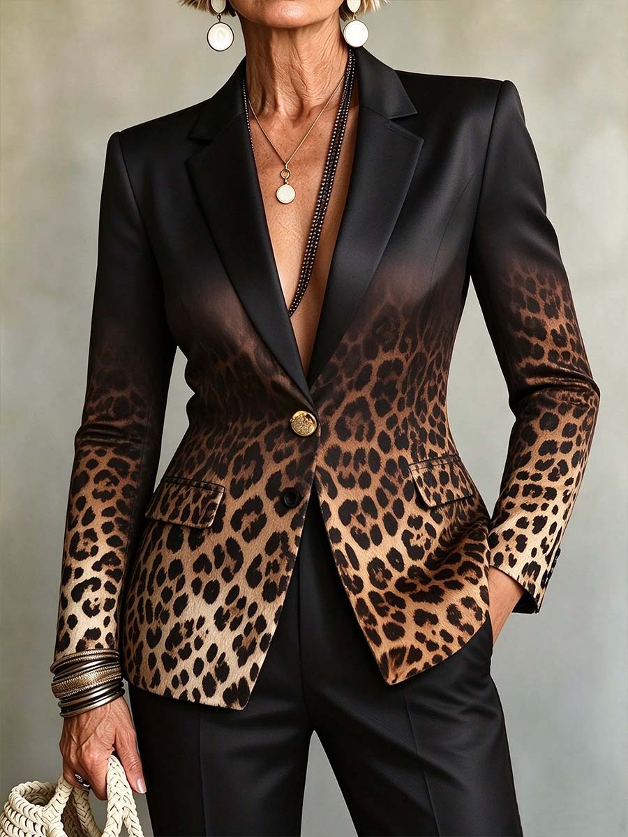 Virina Ombre Leoparda Presaĵo Ununura Butono Tajlita Blazero.