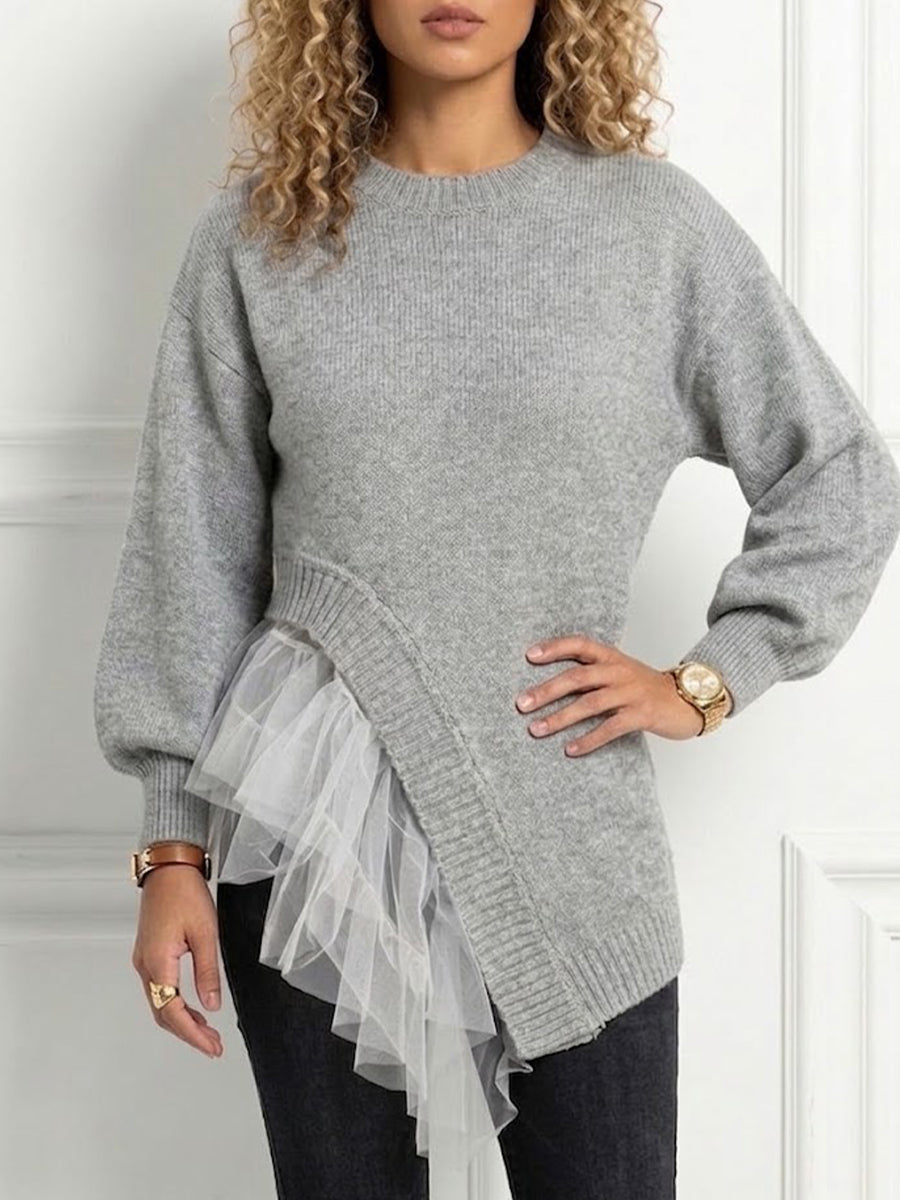 Round‑neck Irregular Tulle Spliced Knit Sweater