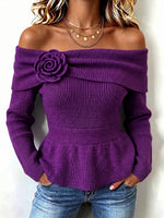 Chic Violet Off-The-Shoulder Floral Knit Top