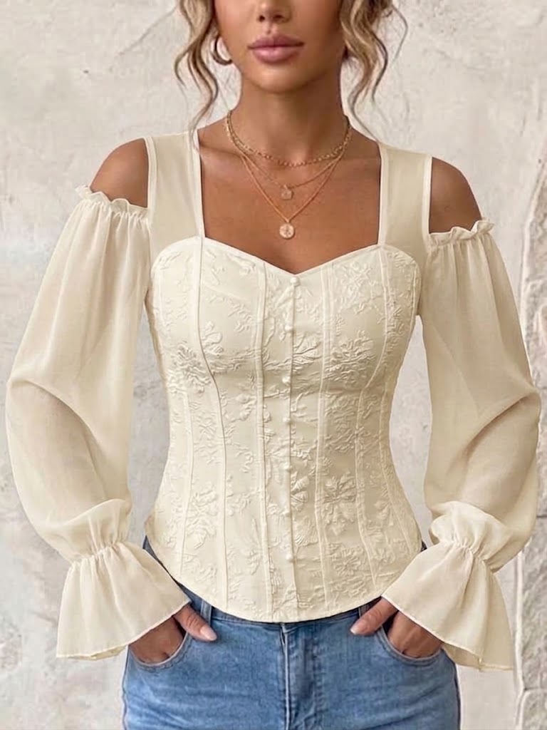 Elegant Off-shoulder Floral Jacquard Shirt – Square Neck, Long Sleeve