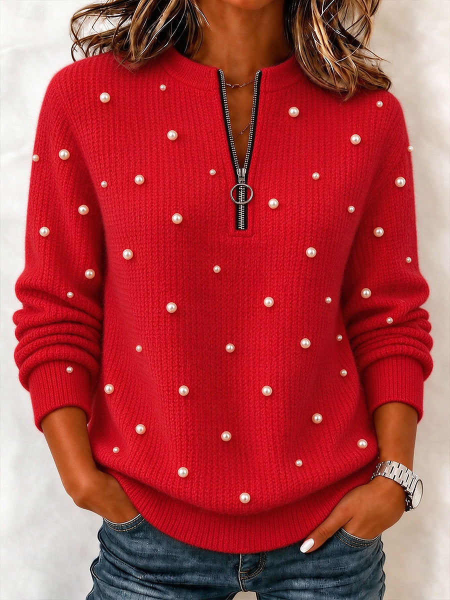 Pullover in maglia con mezza zip impreziosito da perle