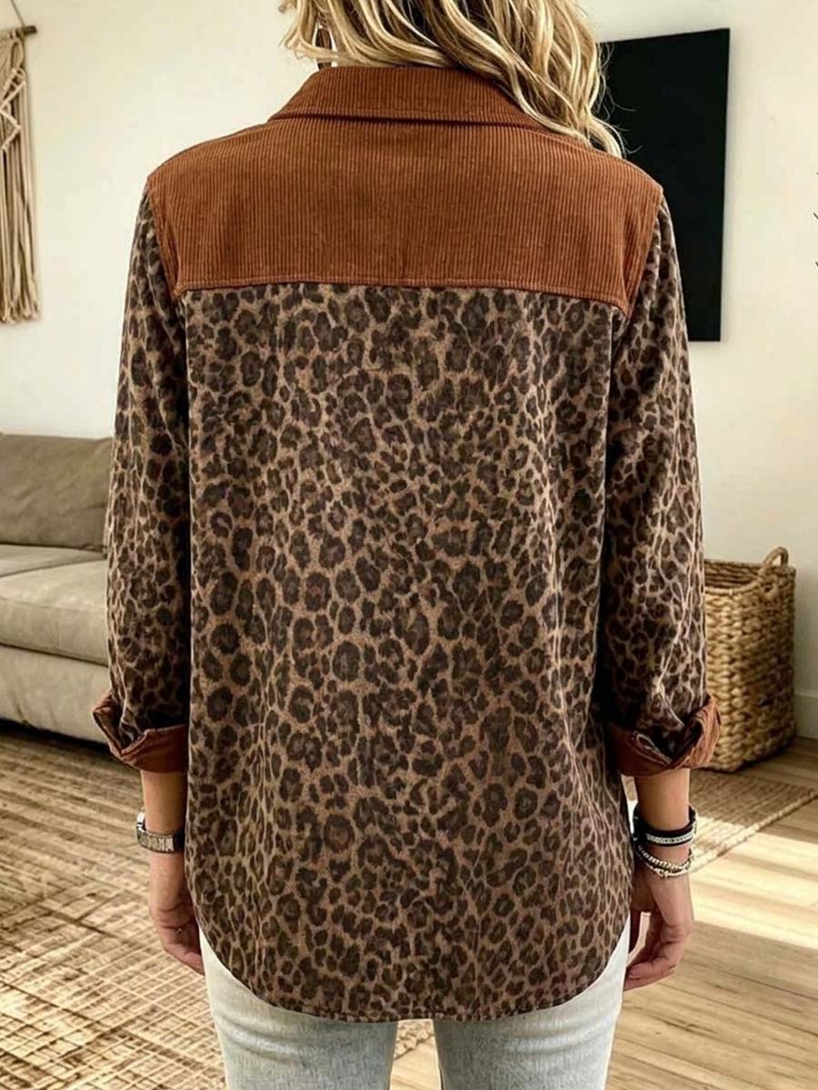 Virina Long-manika Kordura Ĉemizo Kun Leoparda Presaĵo Paneloj, Reversa Kolumo, Kaj Loza Casual Fit