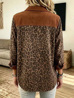 Virina Long-manika Kordura Ĉemizo Kun Leoparda Presaĵo Paneloj, Reversa Kolumo, Kaj Loza Casual Fit