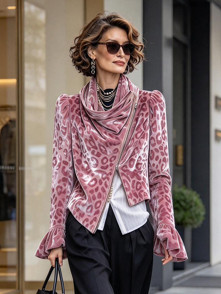 Chaqueta elegante con cremallera asimétrica de terciopelo de leopardo rosa