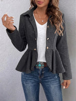 Fitted Double-breasted Blazer With Lapel, Jacquard Pattern, And Ruffle Detail