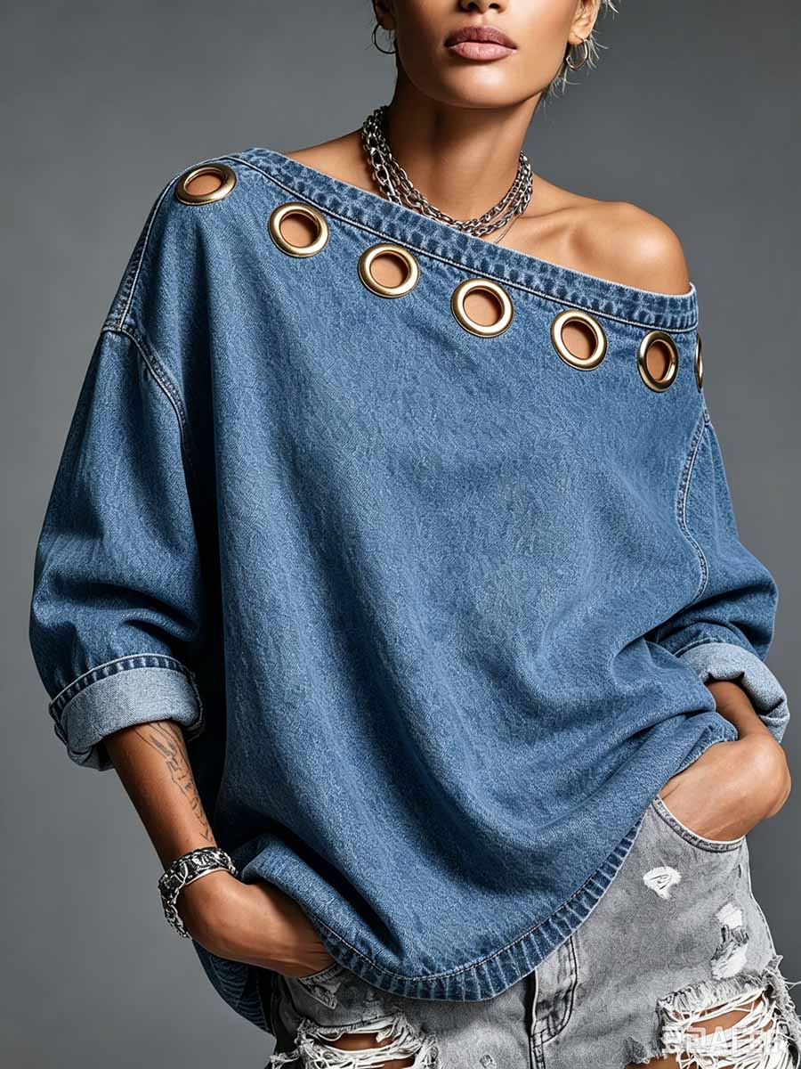 Women's One-shoulder Neckline Long-sleeved Casual Loose Denim Top