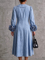 Women's Peter Pan Collar Three-dimensional Floral Long-sleeved Casual Loose A-line Denim Dress