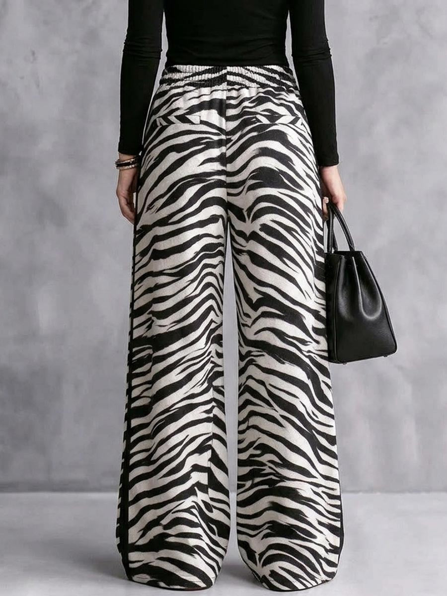 Damen-Hose mit weitem Bein und Kordelzug und Zebramuster