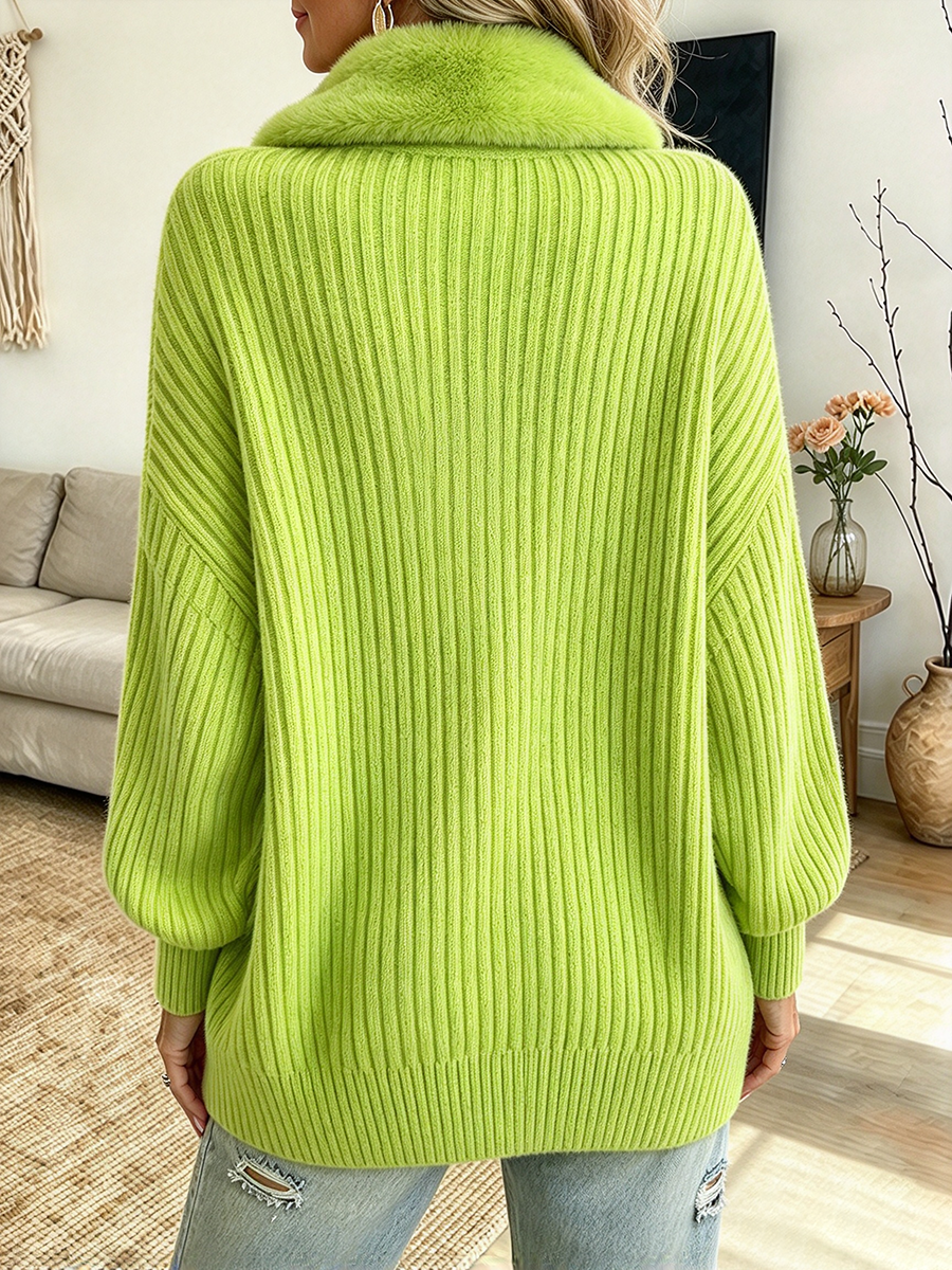 Relaxed Faux Fur Collar Ribbed Knitted Cardigan