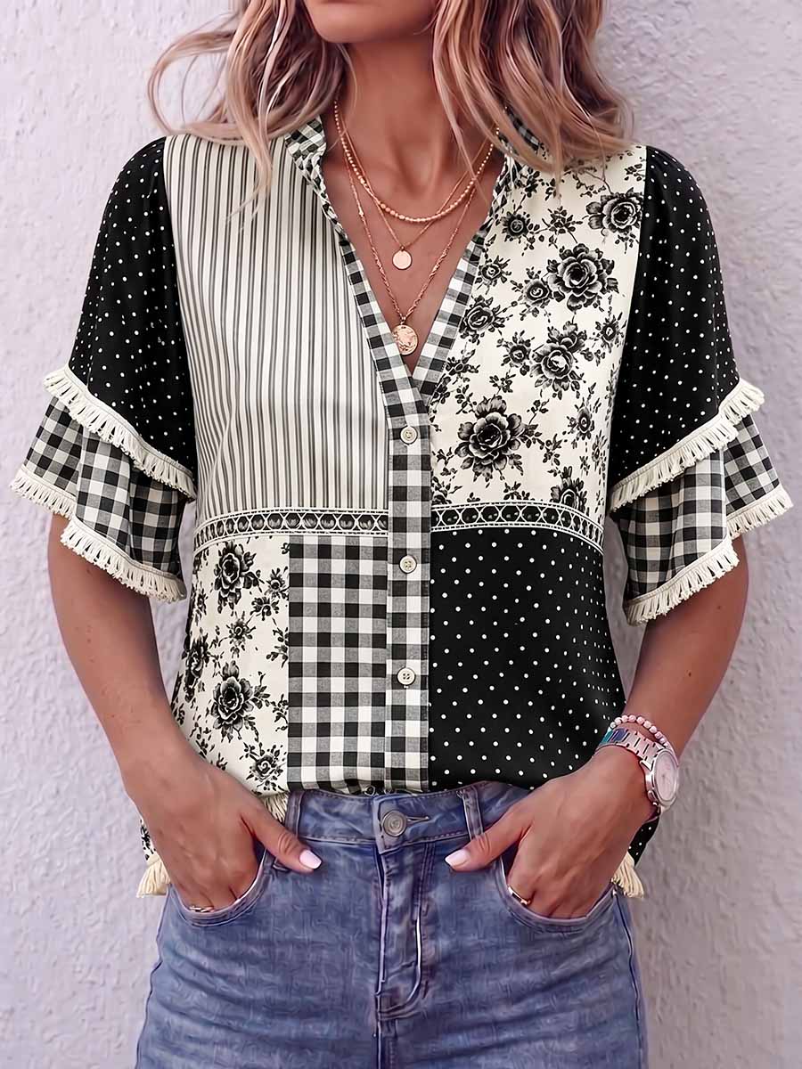Women's Geometric Floral Patchwork Print Collared Short-sleeve Casual Loose Cotton Linen Shirt
