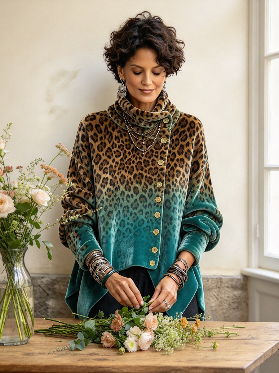 Top in velluto asimmetrico in velluto con stampa leopardata sfumata chic