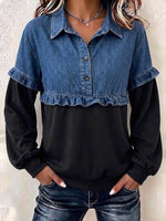 Denim Spliced Ruffle Half‑placket Sweatshirt