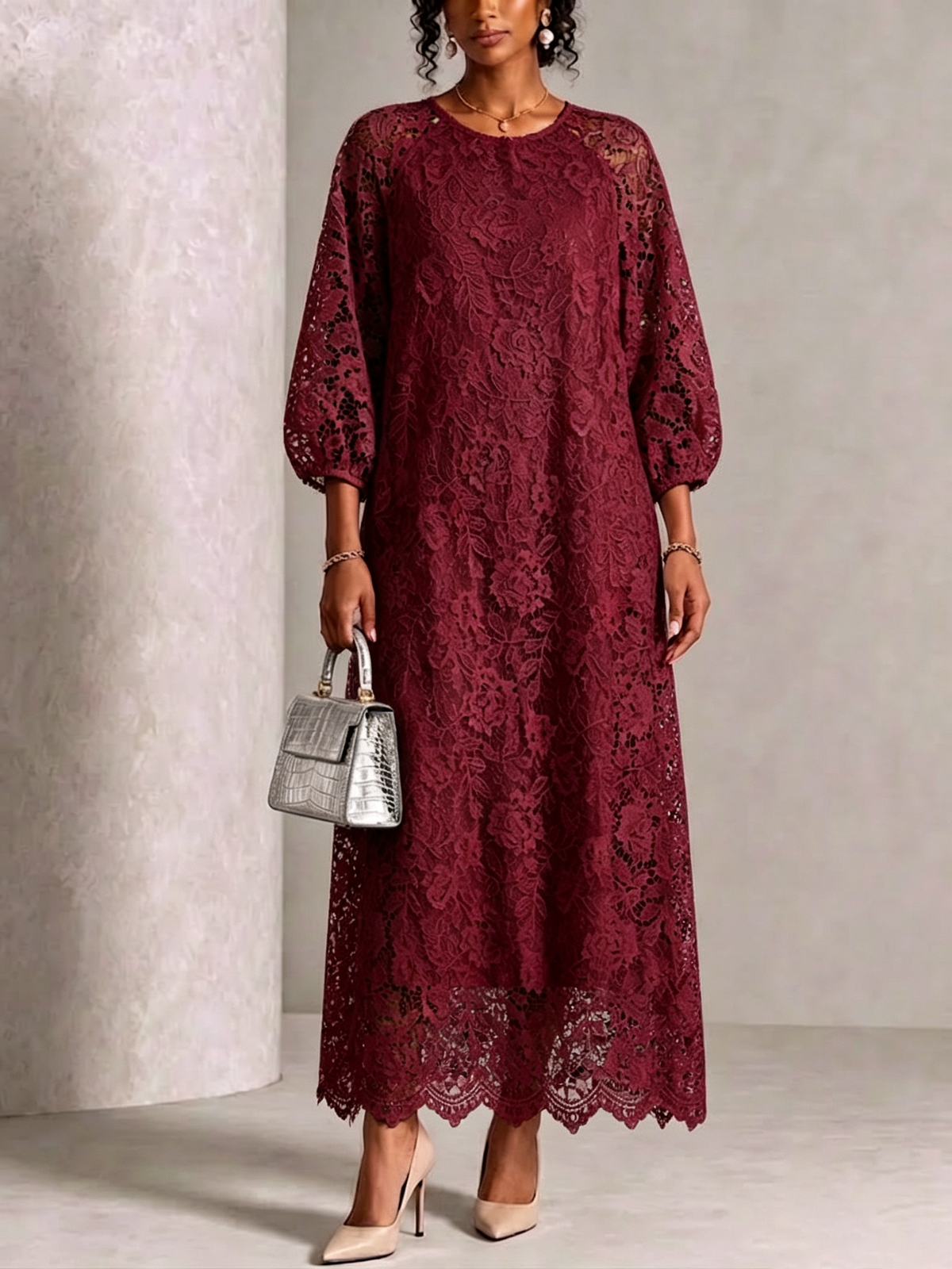 Round‑neck Raglan Lantern‑sleeve Lace Maxi Dress