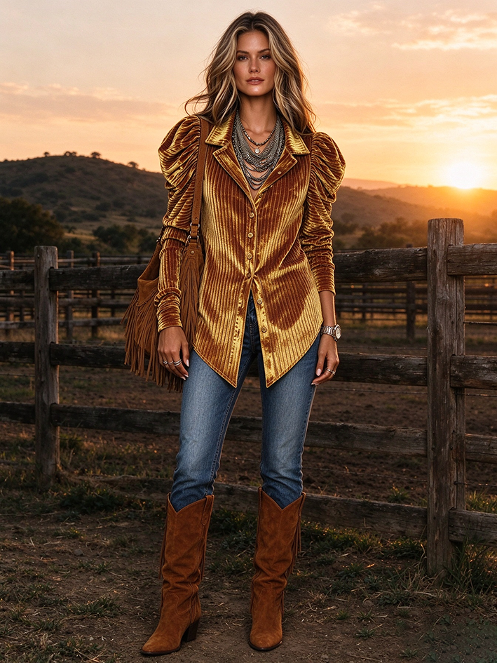 Camicetta con maniche increspate in velluto elegante Boho