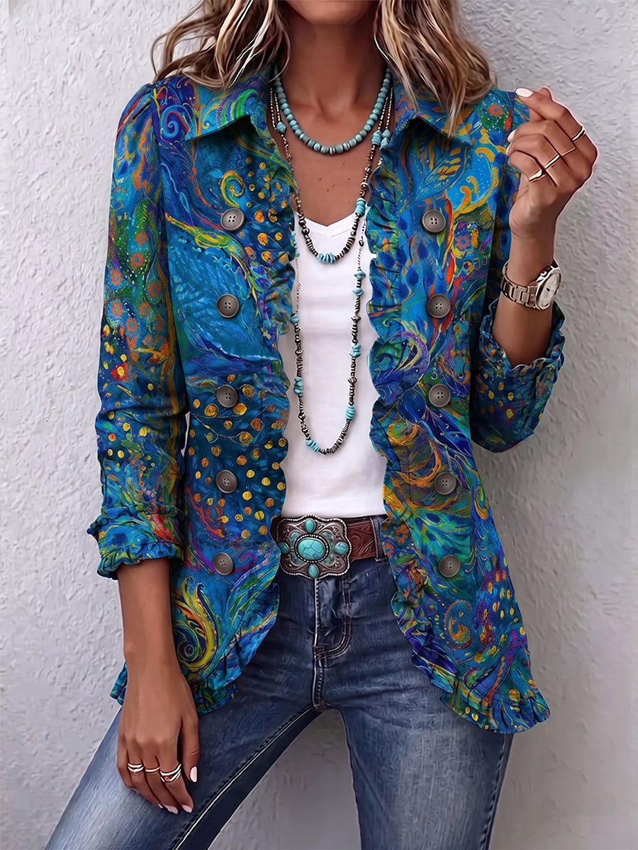 Vibrant Abstract Print Cotton Linen Ruffled Jacket