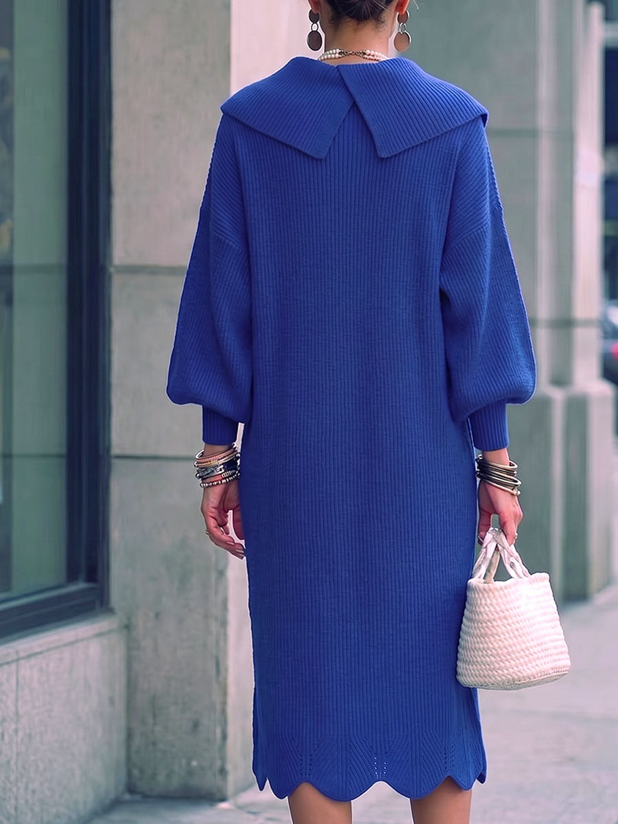 Women's Solid Color Collared Long Sleeve Casual Loose Knit Dress