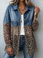 Denim Spliced Leopard Chiffon Lapel Long Sleeve Jacket