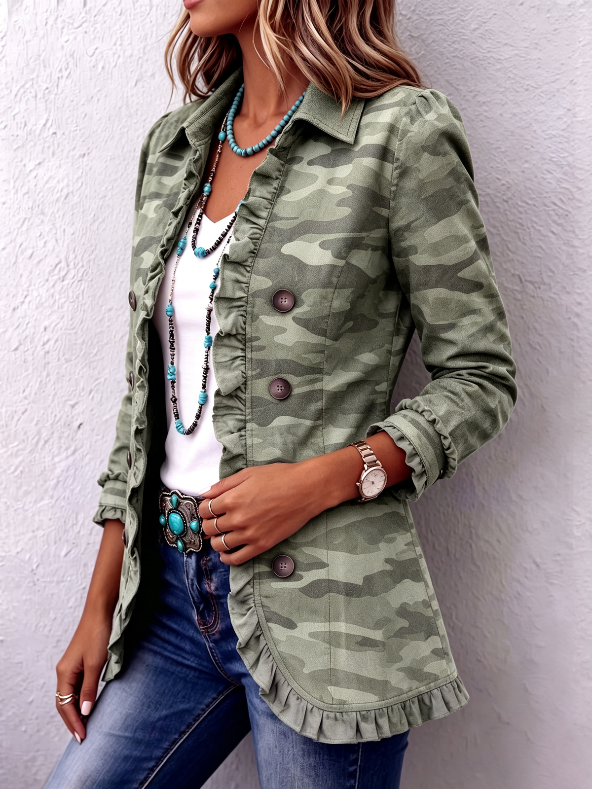Casual Chic Camouflage Ruffle Trim Jacket