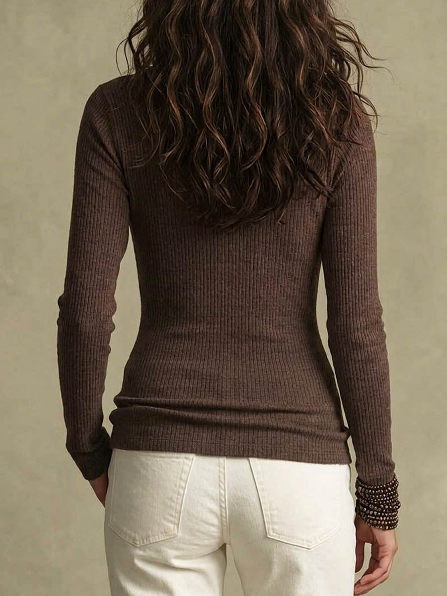 Virina Ribbed Knit Faux Wrap V-kolo Ruĉita Longa Maniko Supre