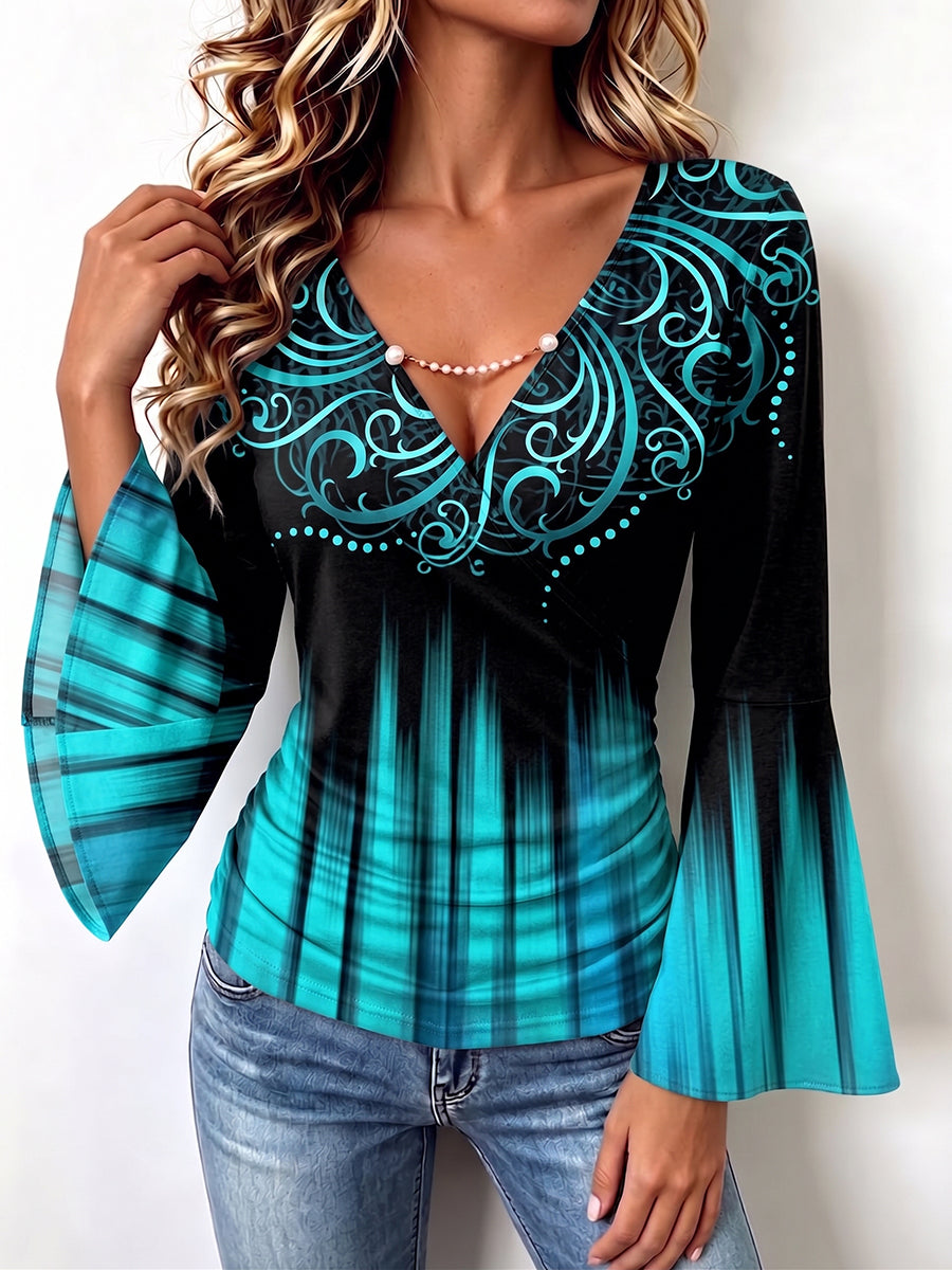 Striking Teal Filigree Bell Sleeve Top