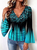Striking Teal Filigree Bell Sleeve Top