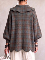 Vintage-Inspired Plaid Scalloped Knit Cardigan