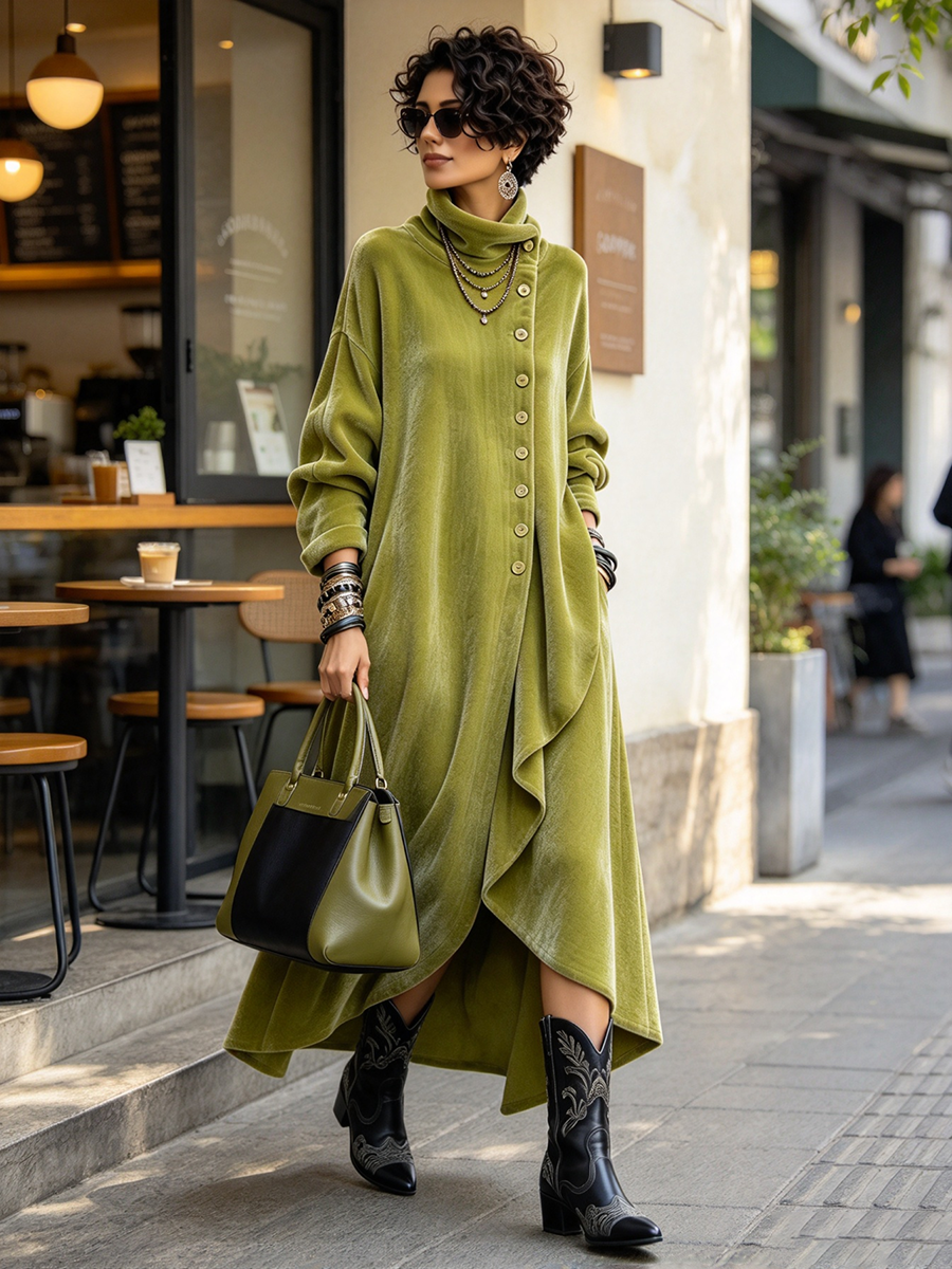 Künstlerisches asymmetrisches Maxikleid aus Samt mit hohem Kragen