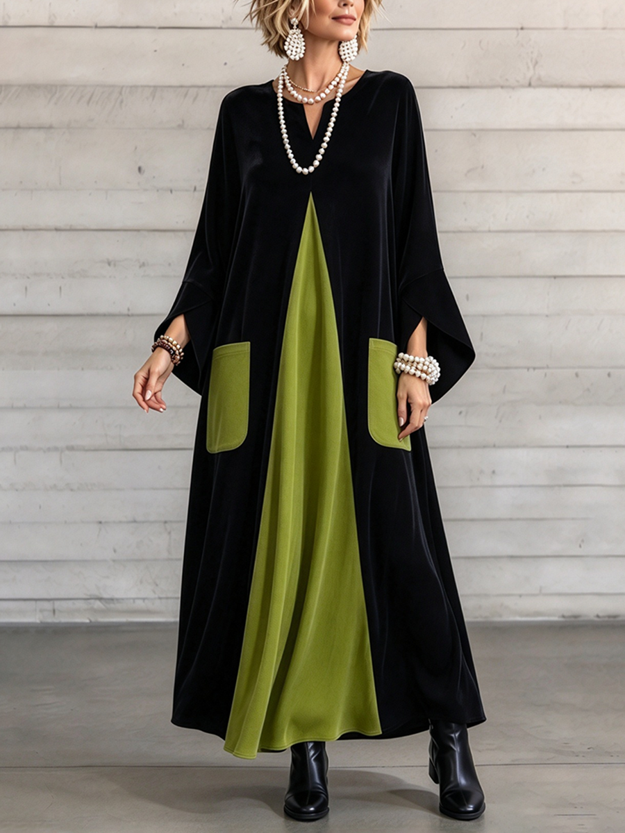 Elegante abito in velluto color block dal taglio artistico