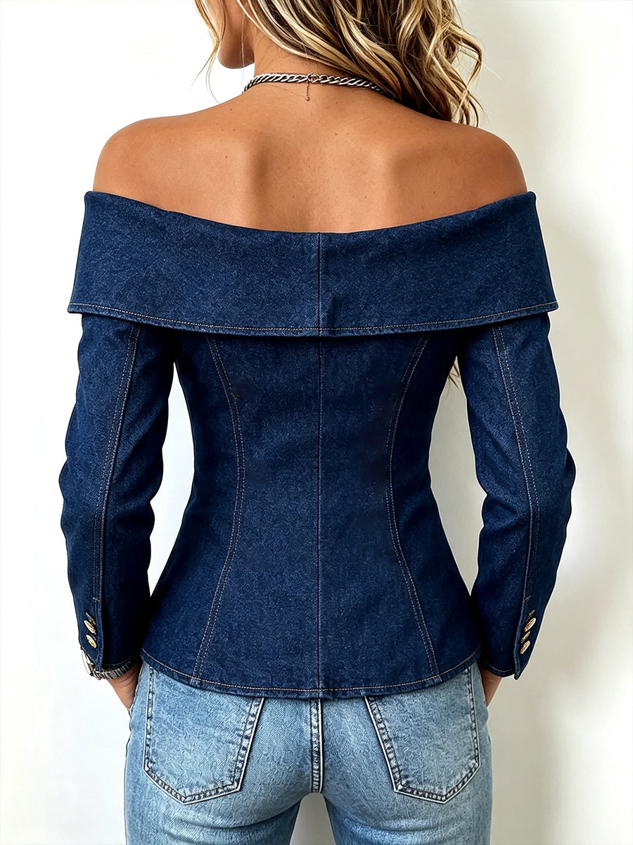 Chic Off-Shoulder Double-Breasted Denim Top