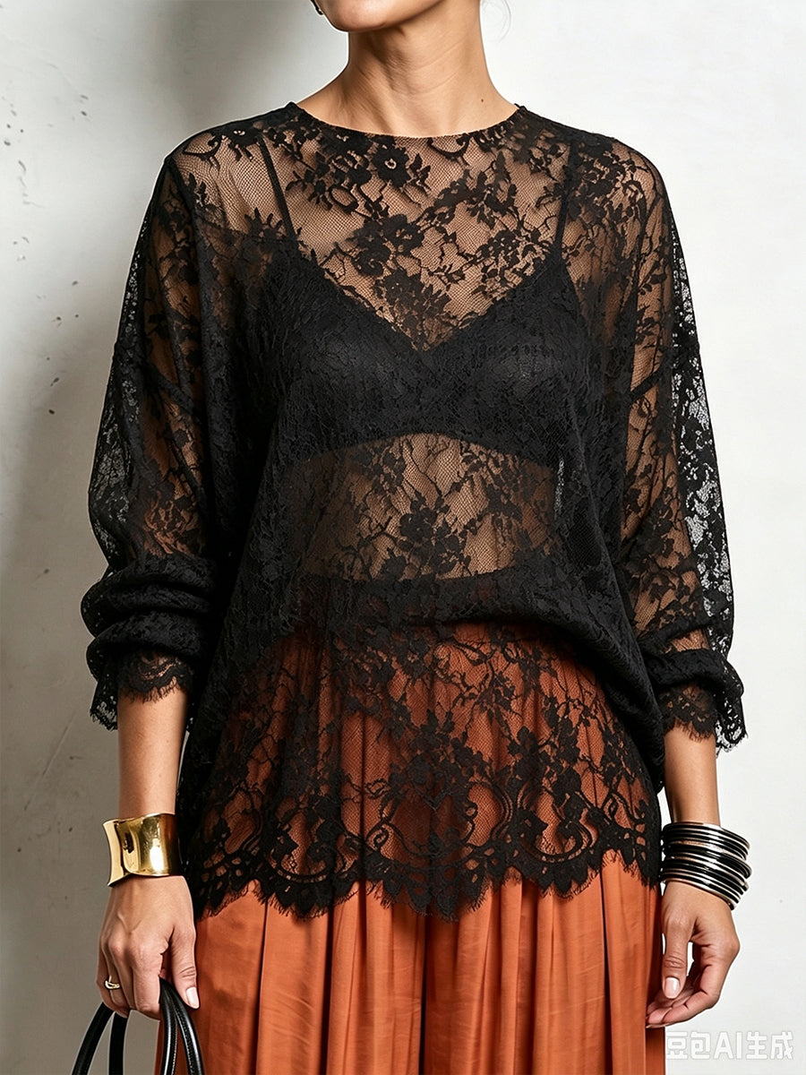 Cozy Lace Long Sleeve T-shirt And Mohair Knit Sweater Two Piece Set