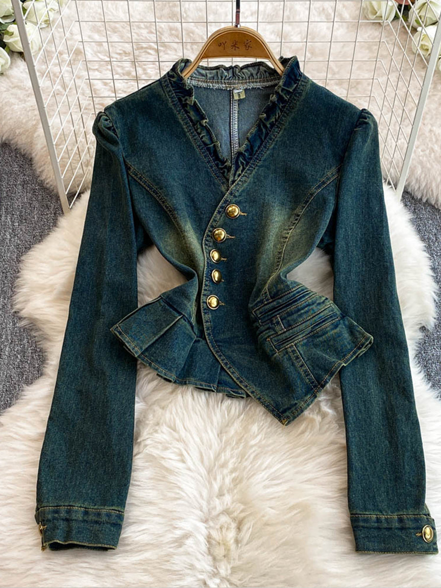Vintage-style Ruffled Denim Top And Pants Two-piece Set