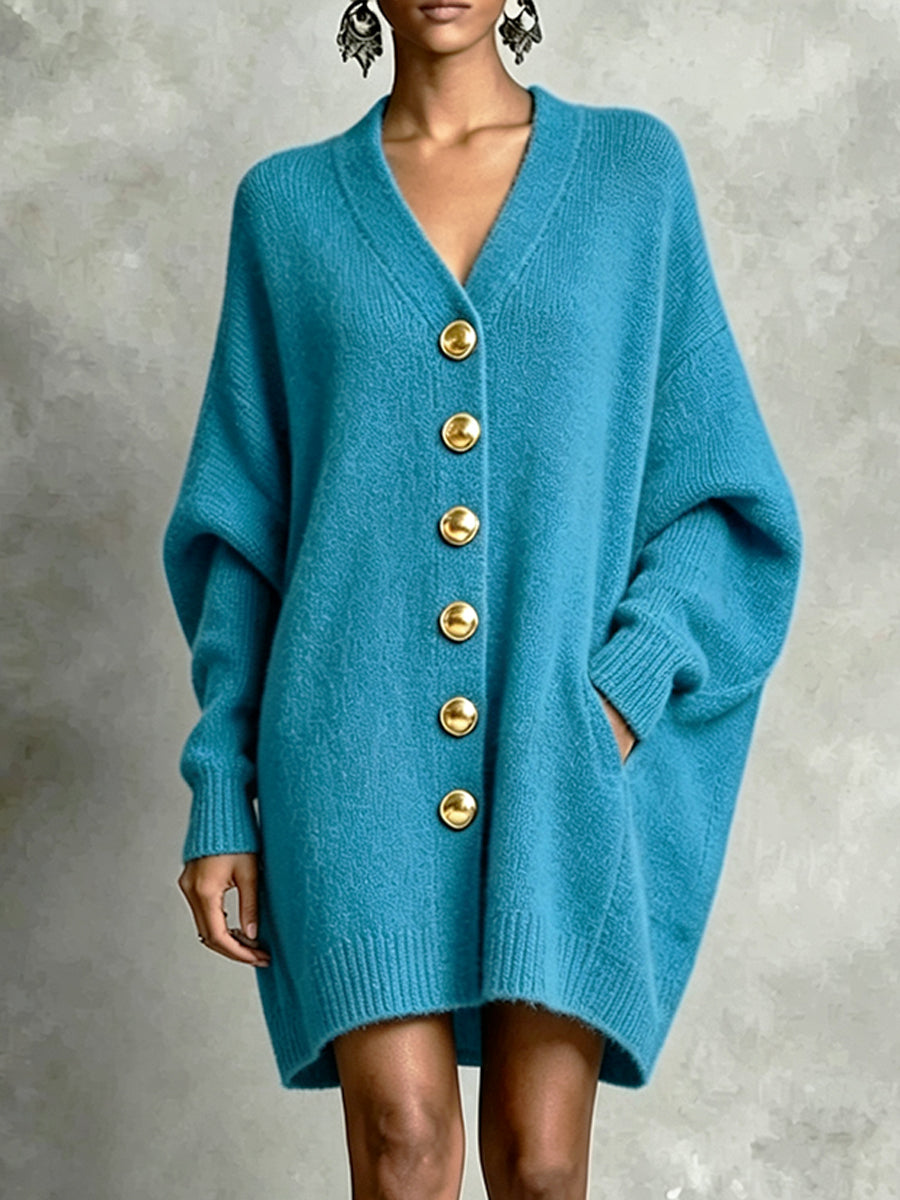 Relaxed-fit V-neck Knit Cardigan Dress With Gold Buttons