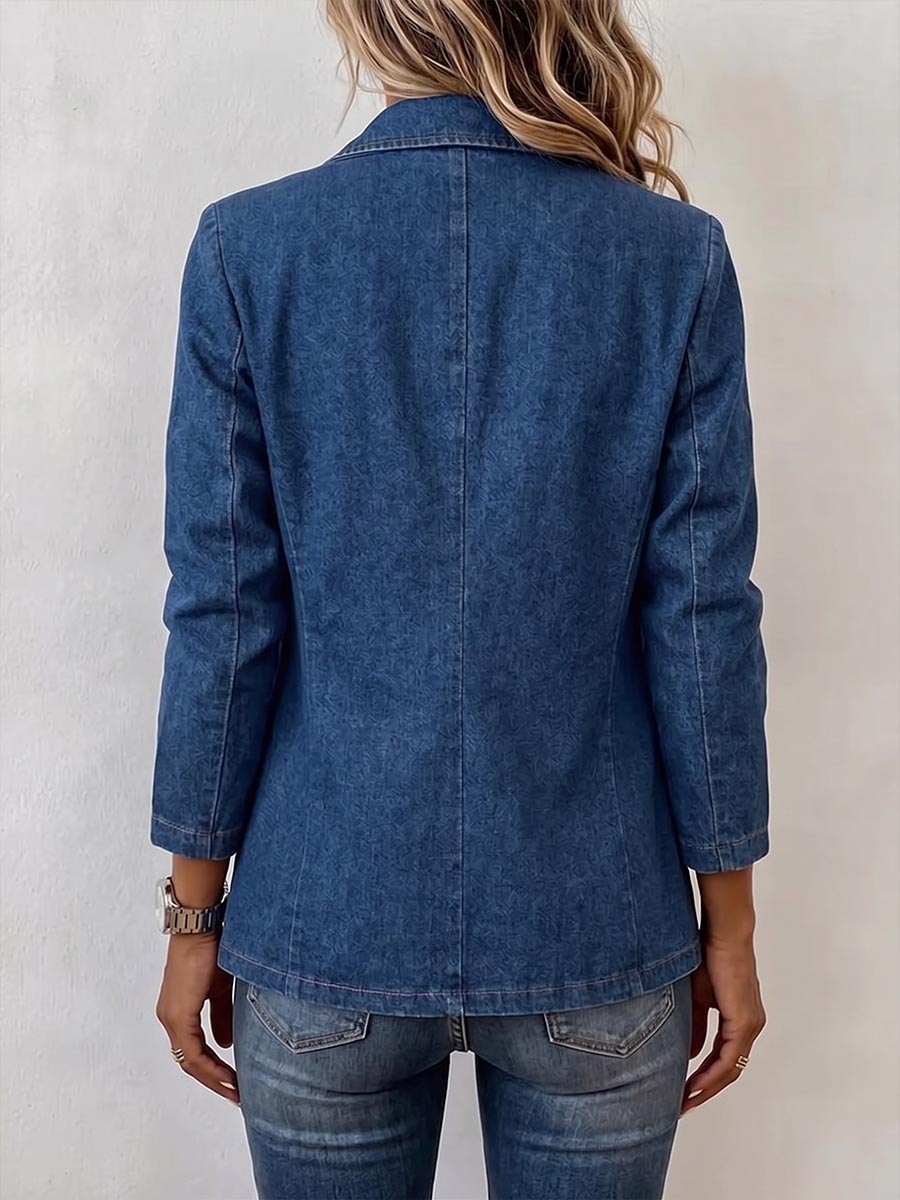 Women's Collared Long-sleeved Casual Loose Round Metal Cutout Denim Jacket