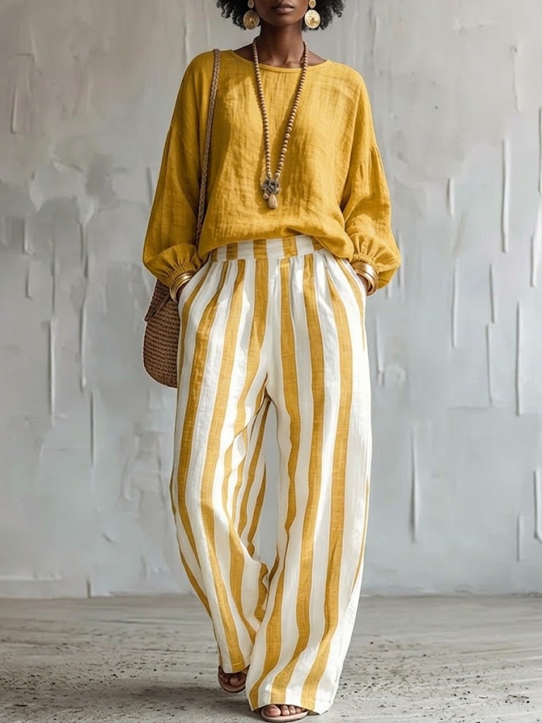 Comfortable Classic Striped Cotton-linen Two-piece Set