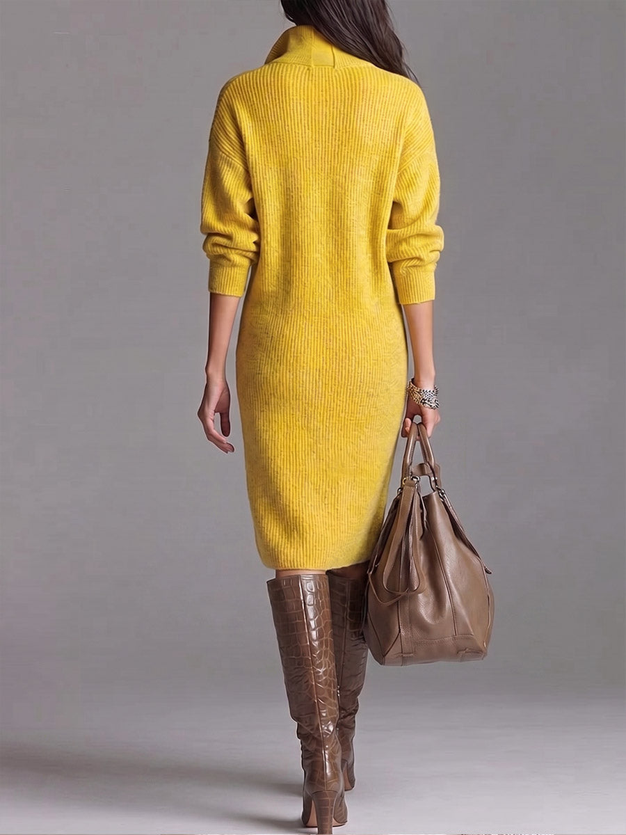 Women's Solid Color Stand Collar Long Sleeve Casual Loose Knit Dress