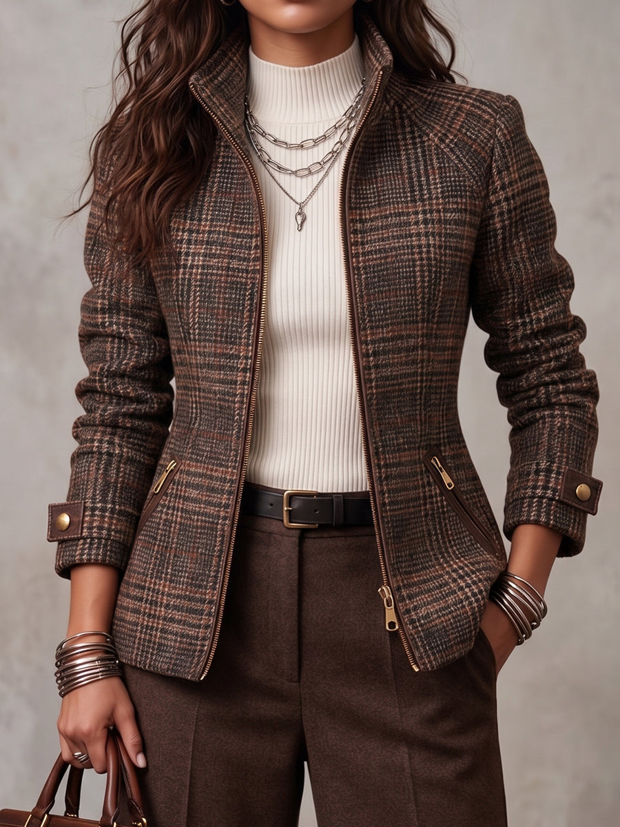 Giacca classica con zip frontale scozzese sartoriale in misto lana