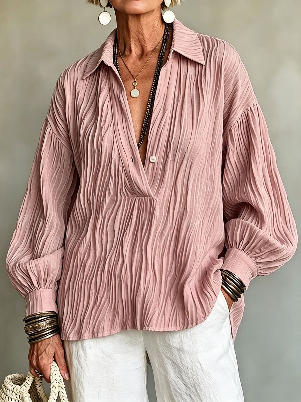 Elegant Burgundy Crinkled V-Neck Blouse