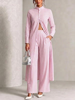 Vertical-striped Stand-collar Shirt And Wide-leg Trousers Two-piece Set