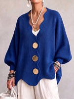 Relaxed Royal Blue Scalloped V-Neck Cardigan