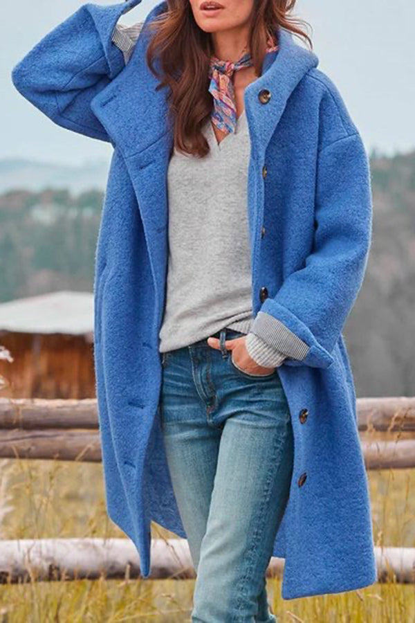 Oversized Wool-Blend Hooded Trench Coat with Pockets – Casual Warm Outerwear